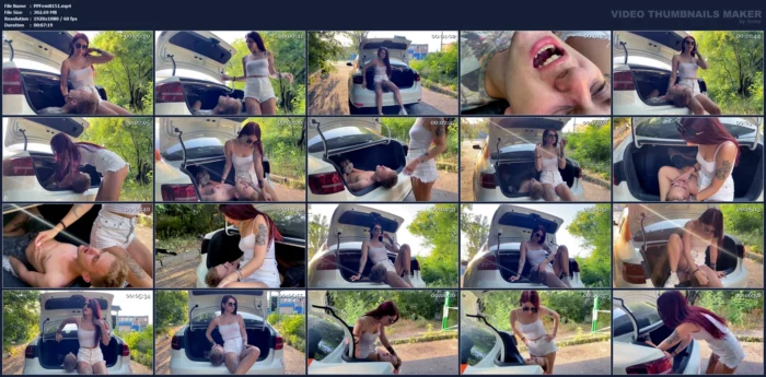 Miistress Sofi Humiliates Her Slave With Spitting In The Trunk Of Her Car - PETITE PRINCESSES FEMDOM / PPFEMDOM / LIFESTYLE FEMDOM - MP4