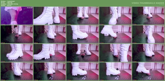 Aggressive Bootjob In White Combat Snow Boots, Post Orgasm Stomping - TAMYSTARLY CBT AND BOOTJOBS - MP4