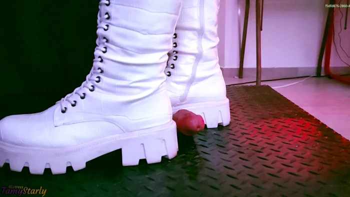 Aggressive Bootjob In White Combat Snow Boots, Post Orgasm Stomping - TAMYSTARLY CBT AND BOOTJOBS - MP4