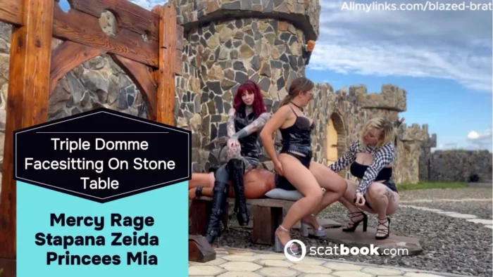 Triple Domme Facesitting On Stone Table - MISTRESS MERCY RAGE / BLAZED BRAT - MP4