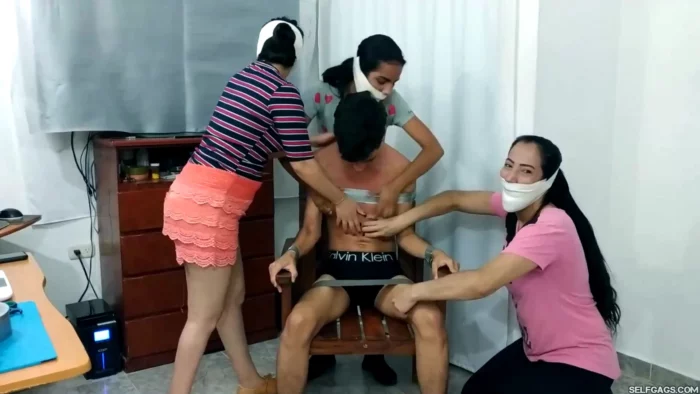 Chair Bound And Tickled By Three Microfoamly Tape Gagged Girls! - SELFGAGS FEMDOM BONDAGE - MP4
