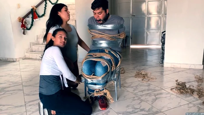 Chubby Boy Cant Escape Our Ropes - SELFGAGS FEMDOM BONDAGE - MP4
