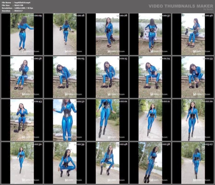 Outdoors In My Blue Latex Catsuit And Latex Corset - SOPHIE ELODIE / SOPHIE MARTIN - MP4