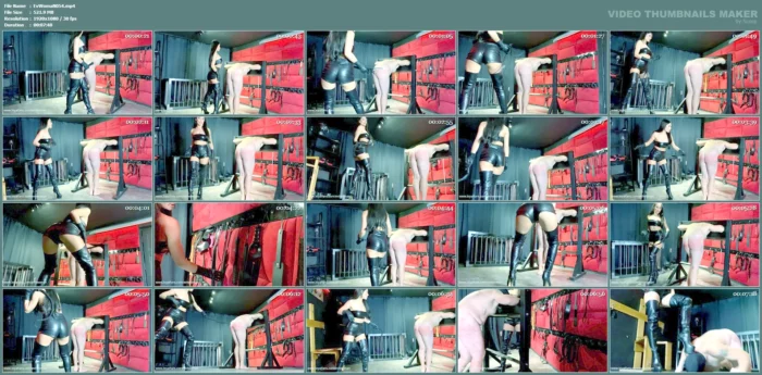 Whipping Leather Of Slave Restrained In Stocks - EVIL WOMAN / FCHDOMMES / FETISH CHATEAU DOMMES - MP4