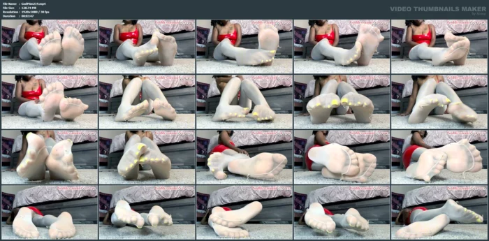 Nylon Feet Play In My Red Latex Dress - GODDESS MIMI FEET - MP4