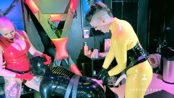 Tag Team Spit Roast From Rubber Dommes - LADY VALESKA - MP4