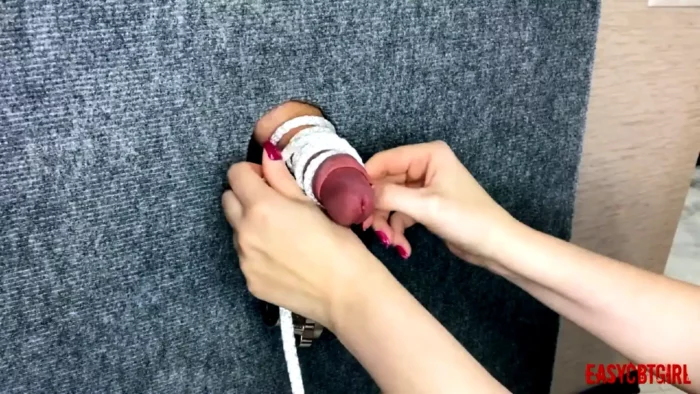 Mistress Tightly Tied The Slave's Cock And Balls By Hanging A Load On Them - SEXYFEMDOMCBT - MP4