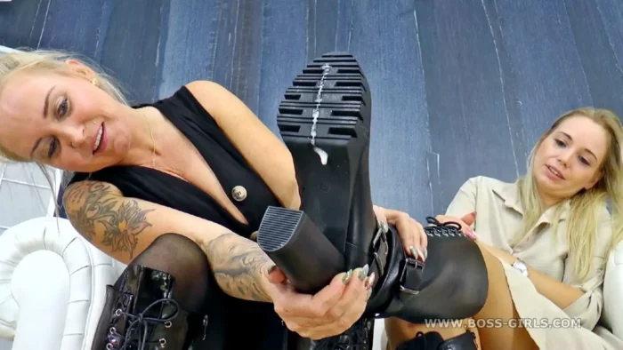 Lick The Spit Off 4 Boots! - Mistress Jane And Queen Hanna - SPITTING-GIRLS - MP4