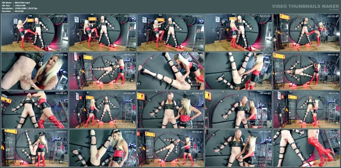 Ballbusting Strapped Onto Bondage Wheel For His Balls To Be Tormented By Cruel Sadist Nikki Whiplash Bb1692 - BALLBUSTING WORLD PPV - MP4