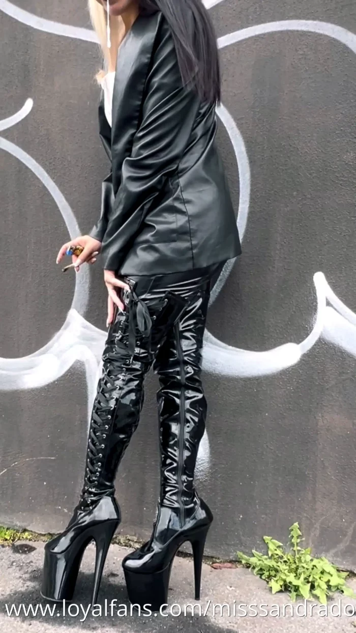 Smoking Fetish Walk With Pvc Pleaser Boots And Leather - GODDESS SANDRA D FINDOM FEMDOM - MP4