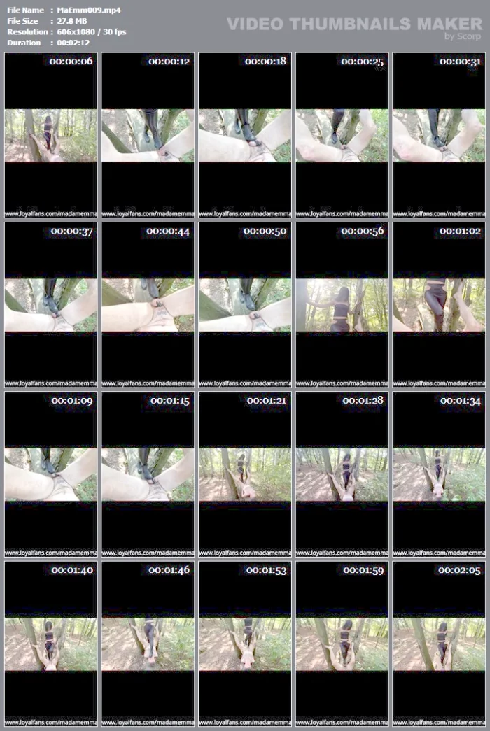A Lady In Rubber Boots Kicks The Balls Of A Slave In A Chastity Belt In Nature - MADAM EMMA - MP4