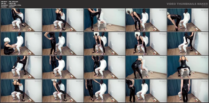 Mistress In Leather Leggings Teases Mummified Slave Wrapped On A Chair - MISTRESS_S - MP4