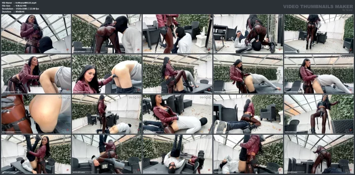 Strap-On Fucking Slave On The Terrace In Tight Shiny Leggings - EVIL WOMAN / FCHDOMMES / FETISH CHATEAU DOMMES - MP4
