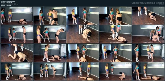Two Female Students In Gym Clothes Ballkicking Of A Masochistic Man, Relieving Stress While Exercising - MISTRESS LAND / 337799 - MP4